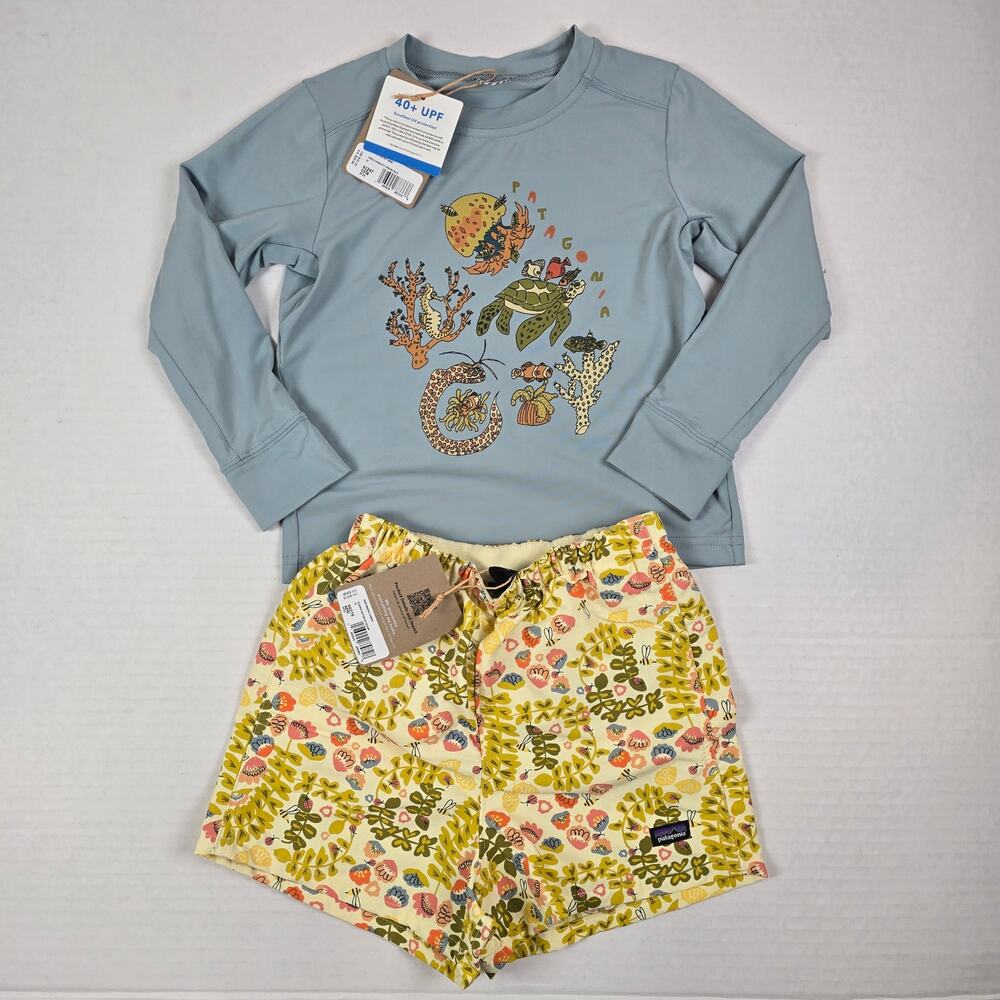 Patagonia Size 3T Baby Capilene Shirt Coral Sea Life & Baggies Shorts Yellow Set